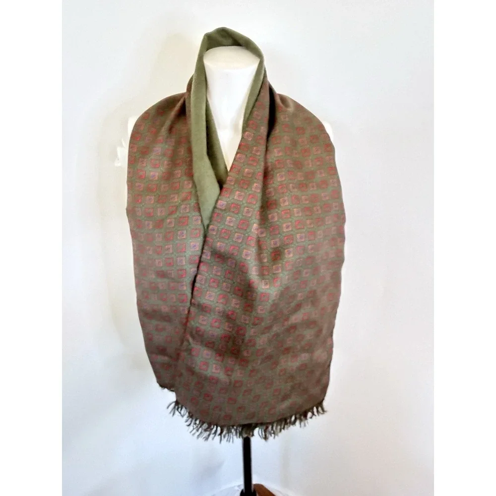 Vtg Scarf Two Sided Reversible Silk Wool Green Paisley Fringe Unisex 50